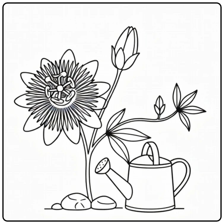 Passion flower coloring page showing a garden bloom and watering can