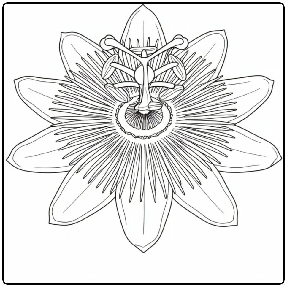 Close-up passion flower coloring page with detailed corona filaments