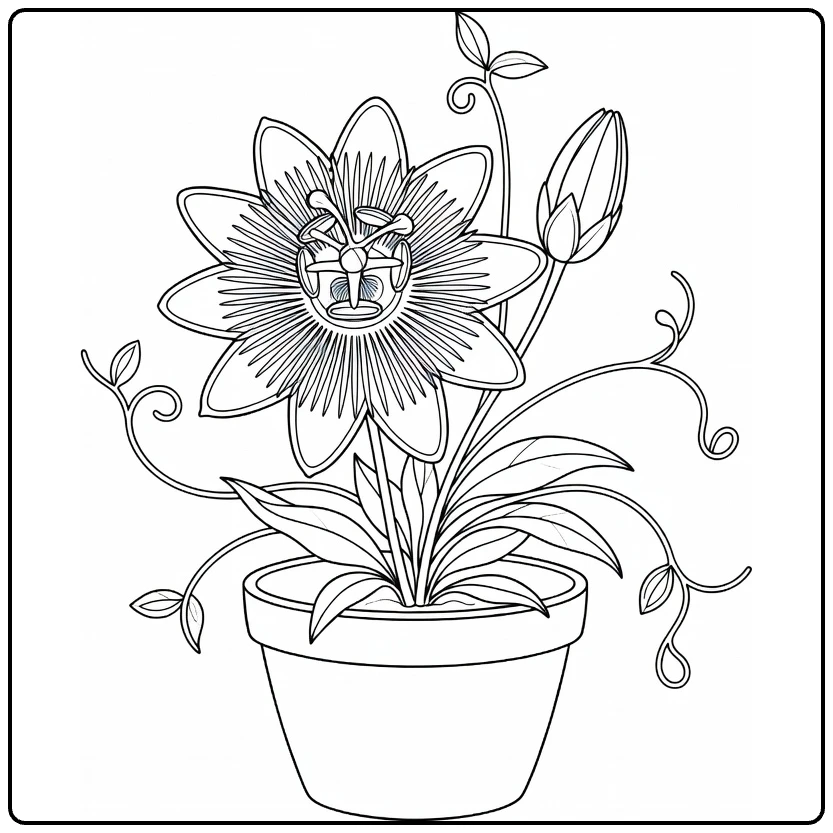 Passion flower coloring page showing a potted vine with a flower and bud