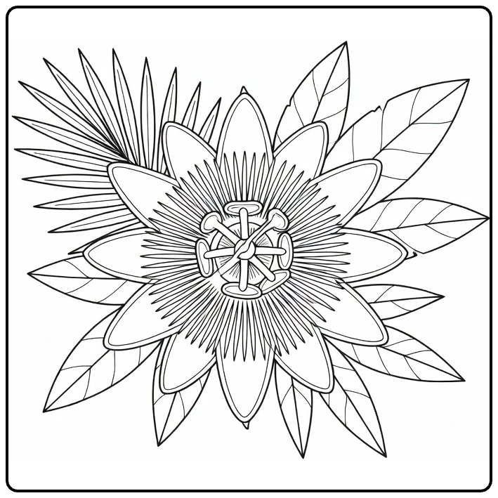 Passion flower coloring page featuring a star-shaped bloom and leaves