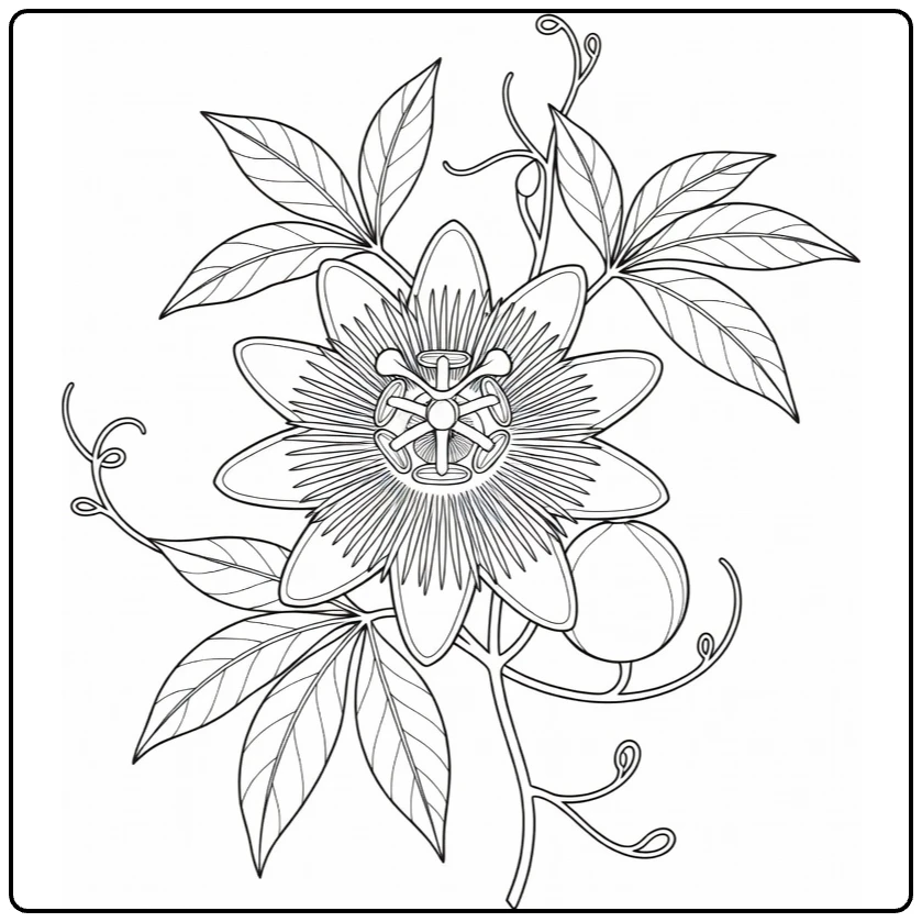 Passion flower coloring page featuring fruit, leaves, and curling tendrils