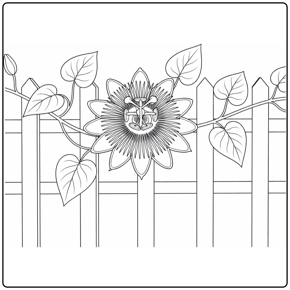 Passion flower coloring page featuring a vine growing over a fence