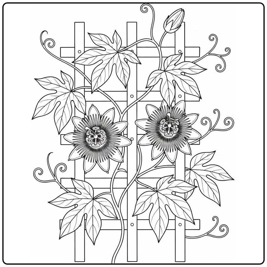Passion flower coloring page featuring flowering vines on a trellis