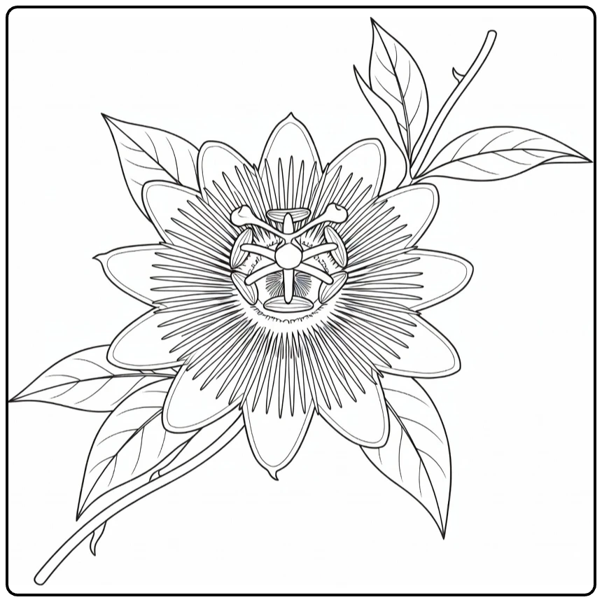 Passion flower coloring page showing a detailed bloom and leaves