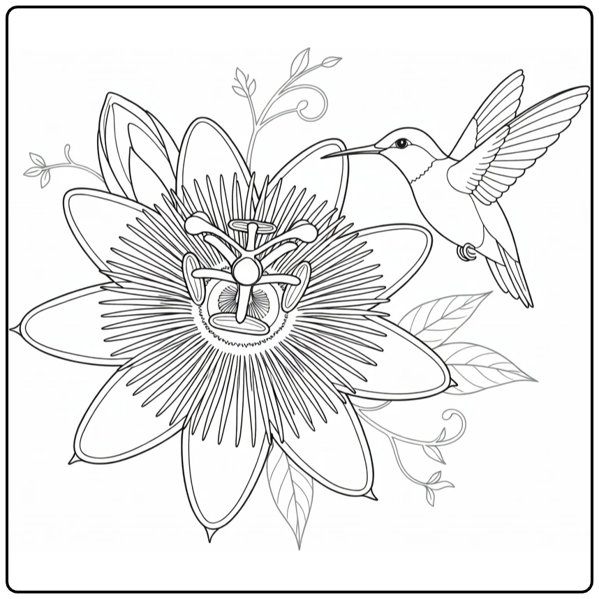 Passion flower coloring page showing a hummingbird near the bloom