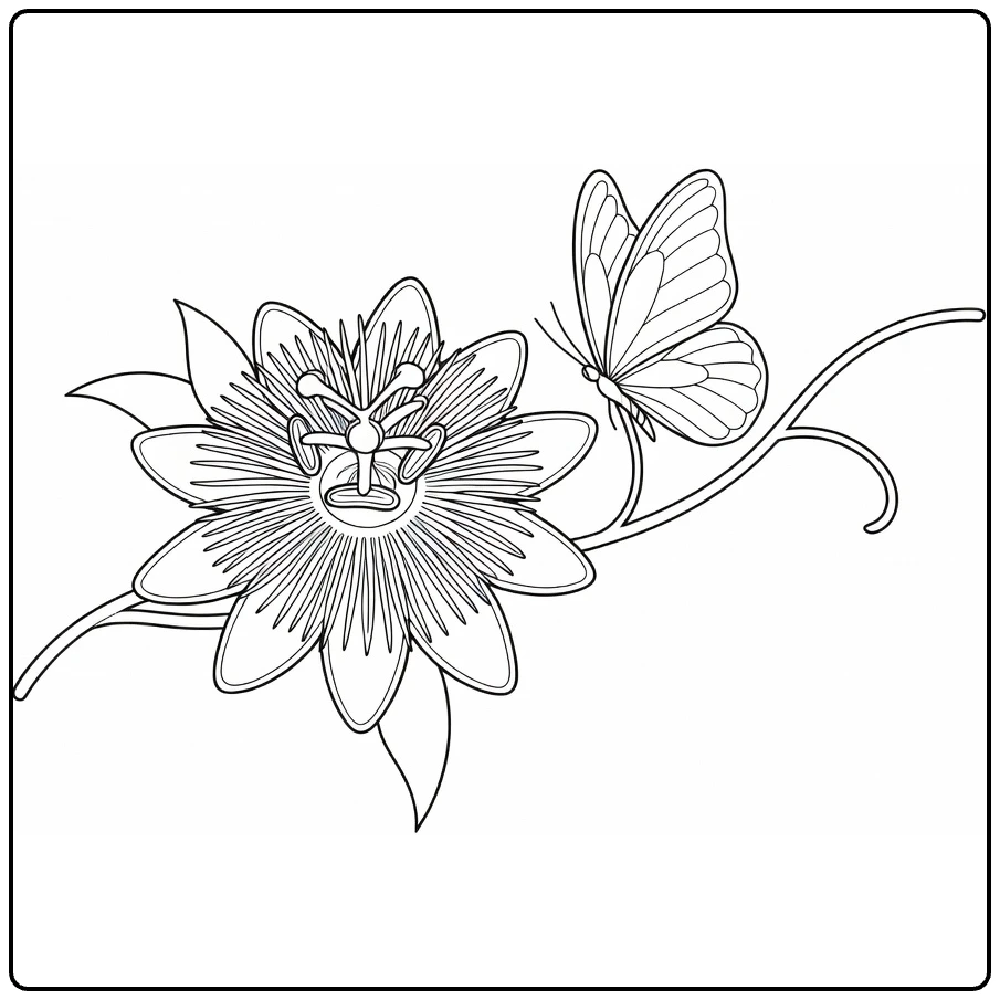 Passion flower coloring page showing a butterfly beside the bloom