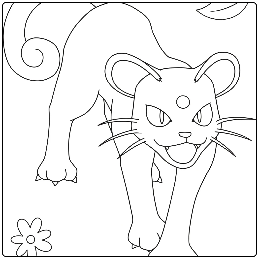 persian Pokmon Cat in Aanvalspose with Flower coloring page