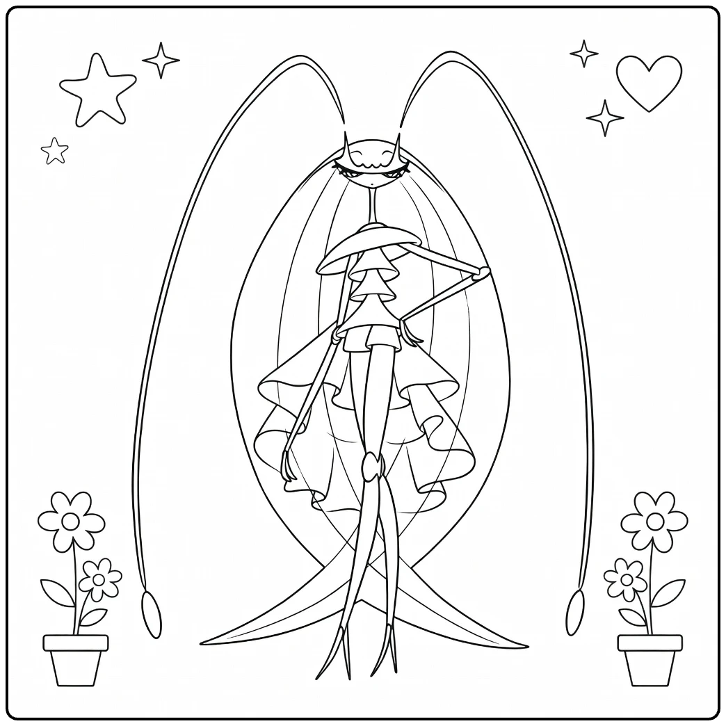 Pheromosa in Elegant Dress with Hearts and Flowers coloring page