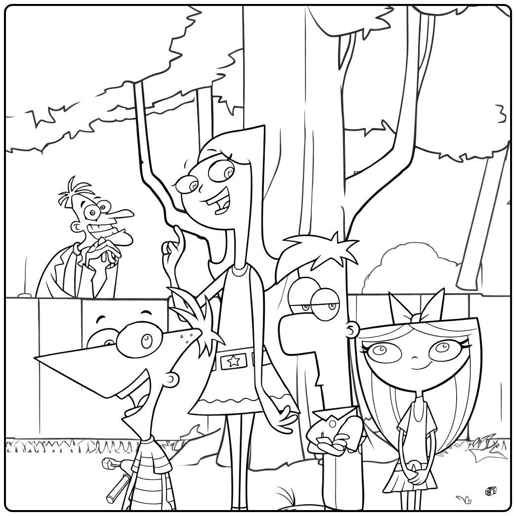 Phineas and Ferb coloring page with Phineas, Ferb, and friends