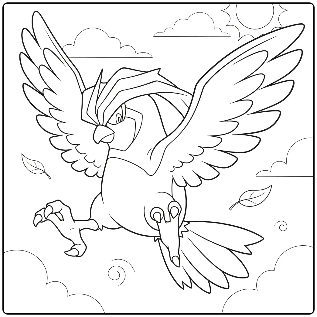 Pidgeotto in Dynamic Flight with Leaves coloring page