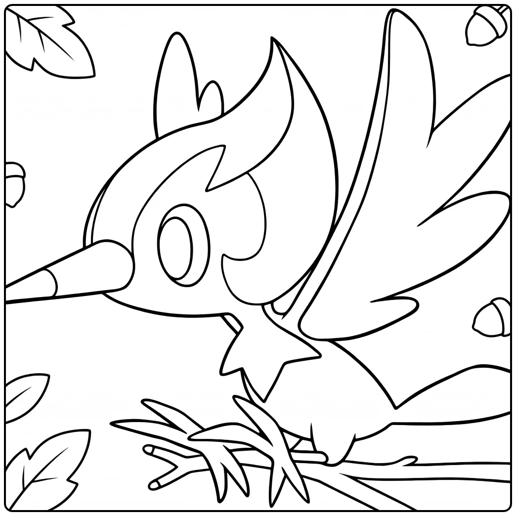 Pikipek Pokemon Woodpecker in Autumn Setting coloring page