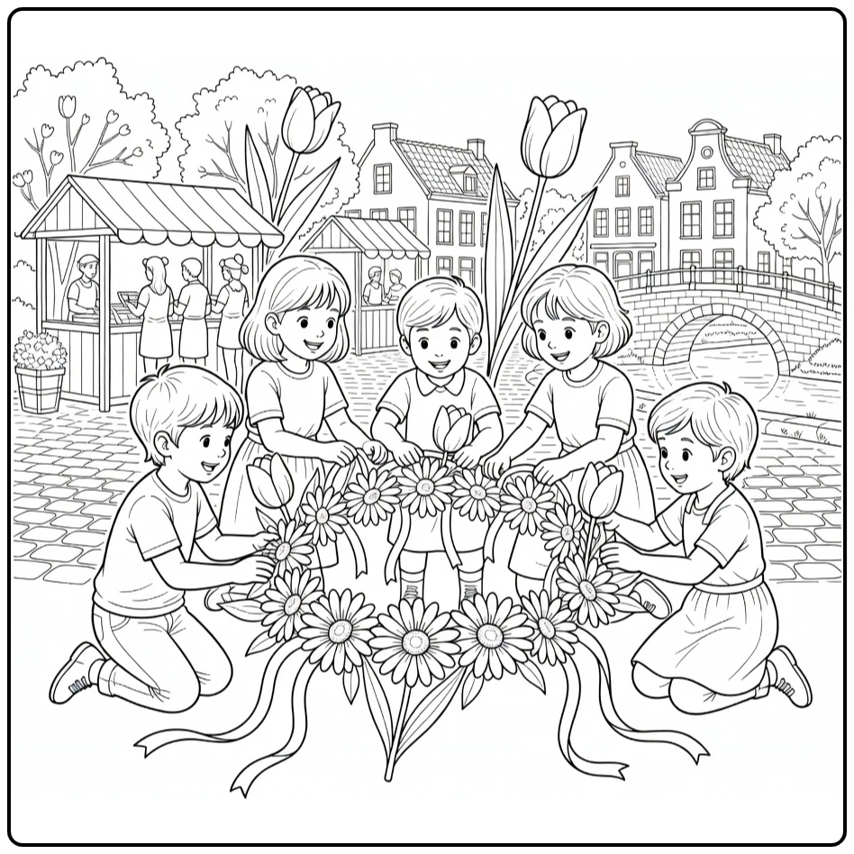 pinksteren in Nederlands Dorpsplein with Flowers coloring page