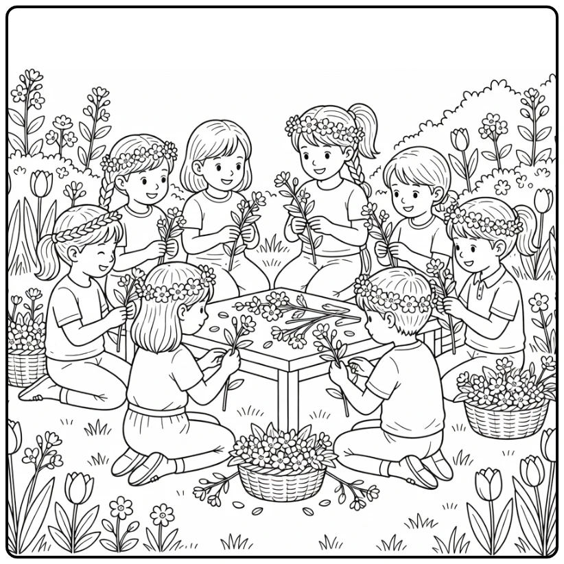 pinksteren Children with Bloemkronen and Pinksterbloemen coloring page