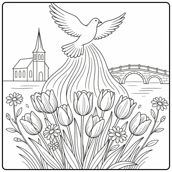 pinksteren Duif Tulpen and Grachtenbrug coloring page
