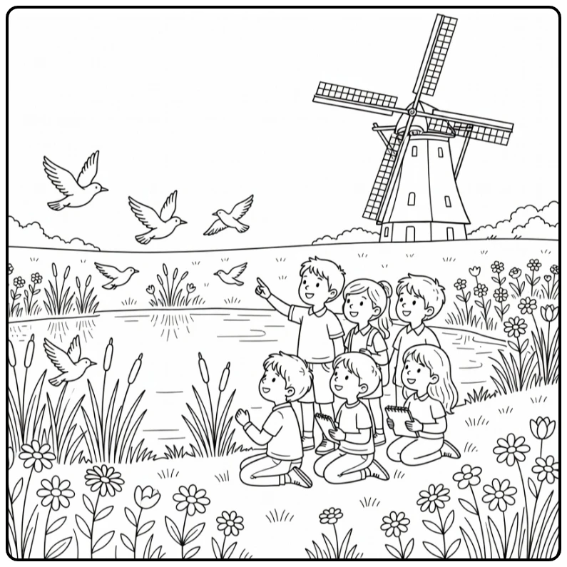 pinksteren Children Vogels and Windmolen coloring page