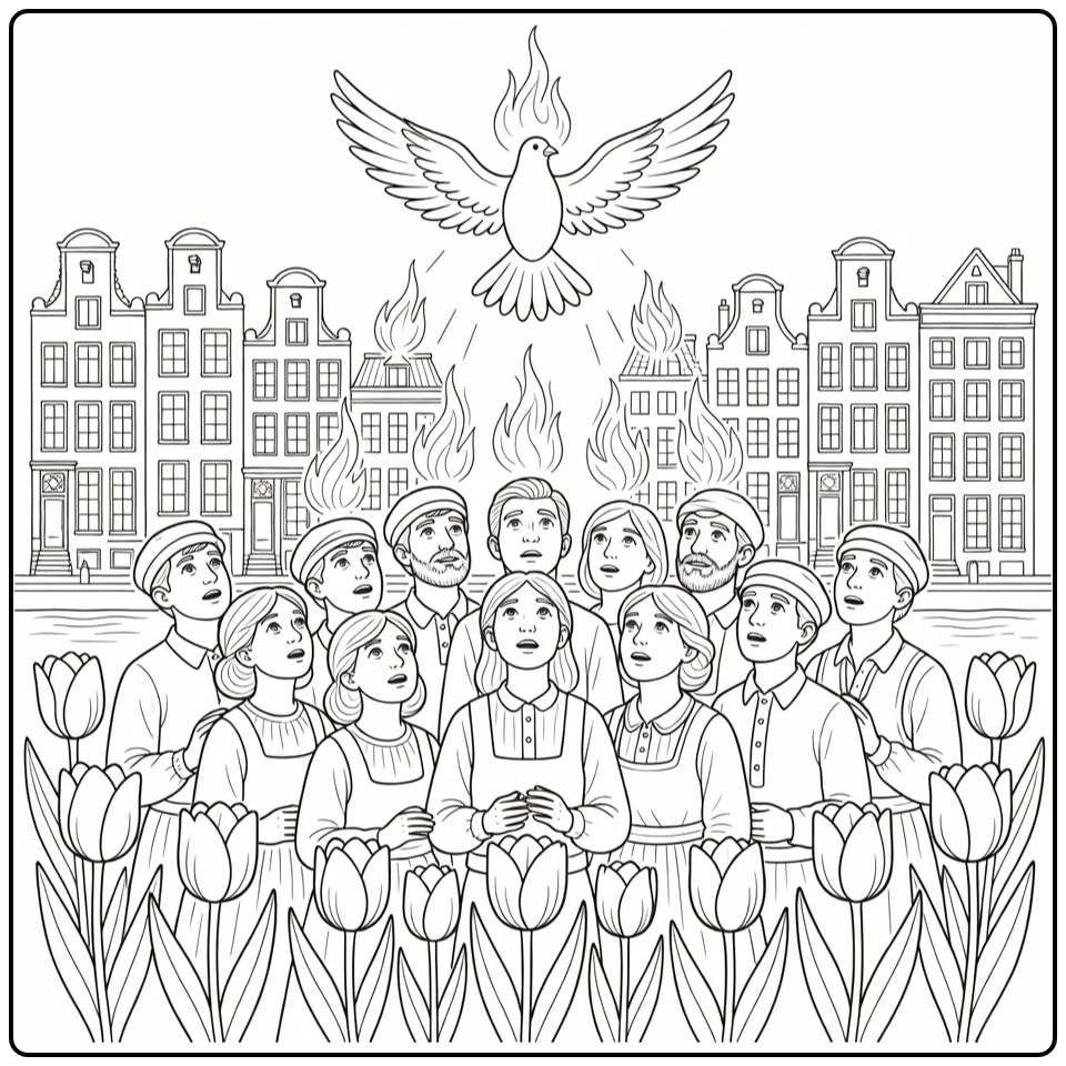 pinksteren Symbolic Pentecost Scene Netherlands coloring page