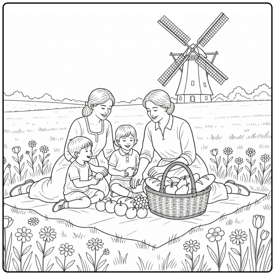 pinksteren Familiepicknick with Windmolen coloring page