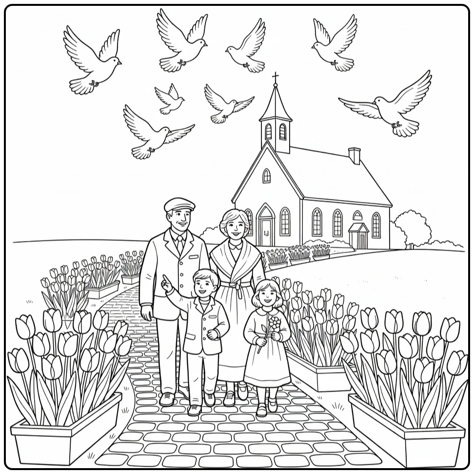 pinksteren Gezin on Road Naar Kerk coloring page