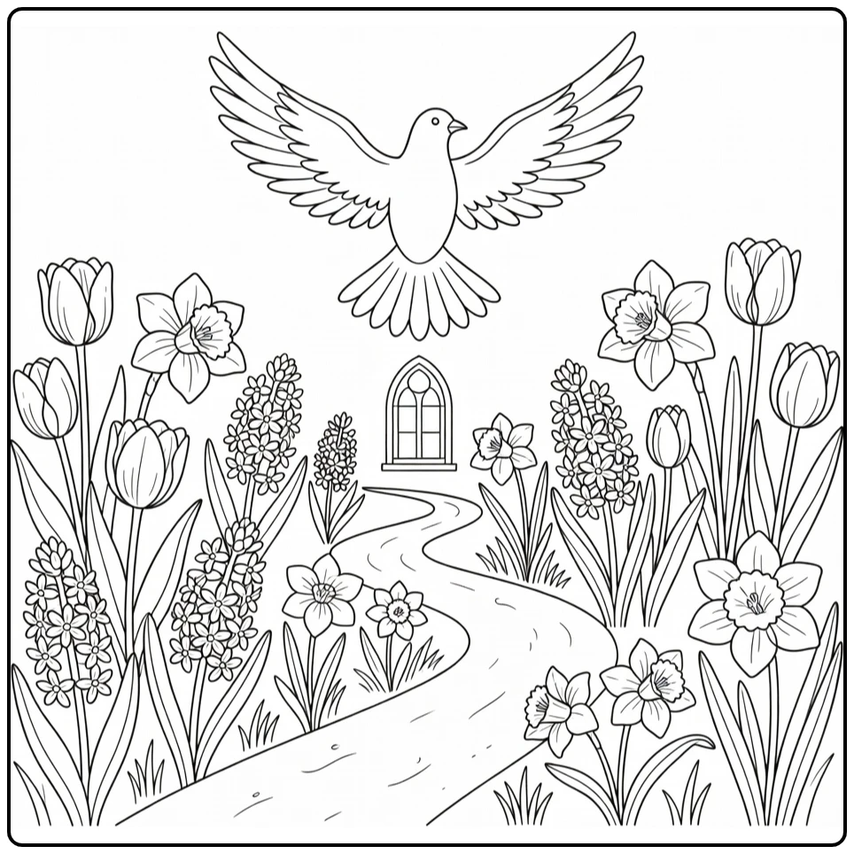 pinksteren Pinksterduif and Lentebloemen coloring page