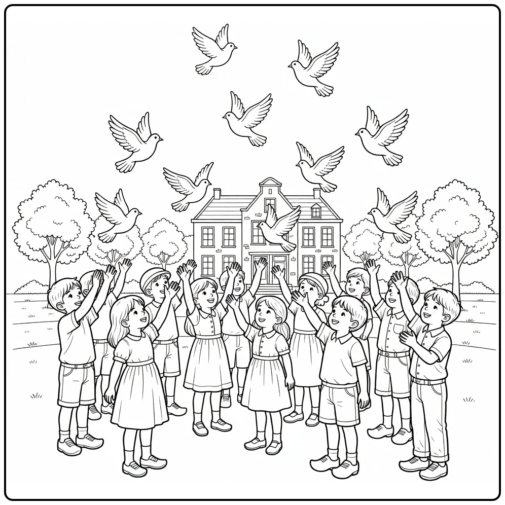 Pentecost coloring page with children releasing doves