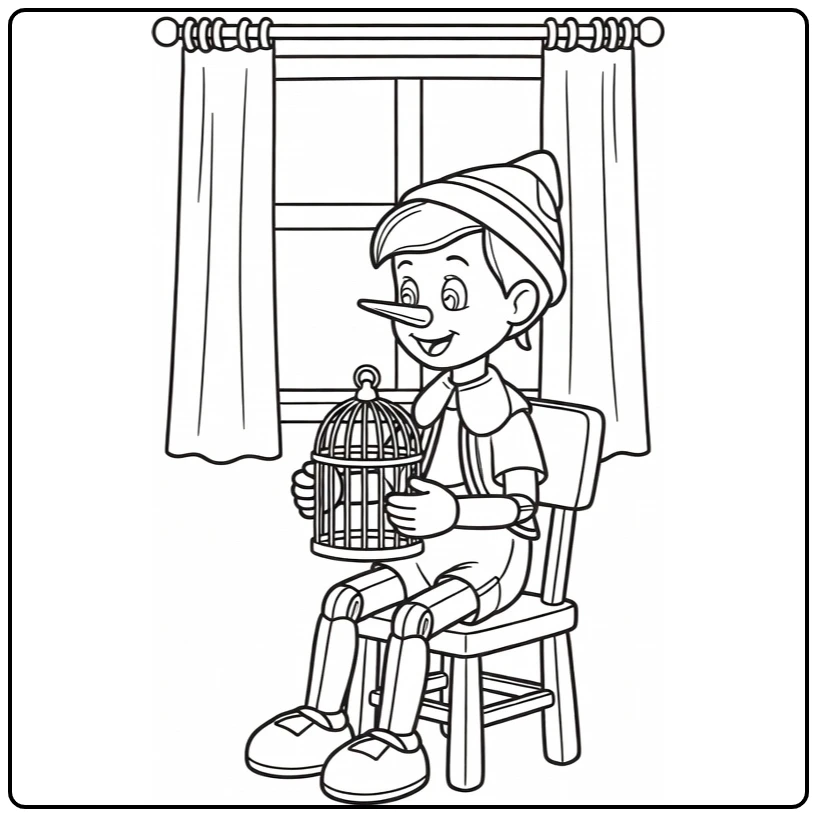 pinokkio coloring page houten pop with kooi and raam