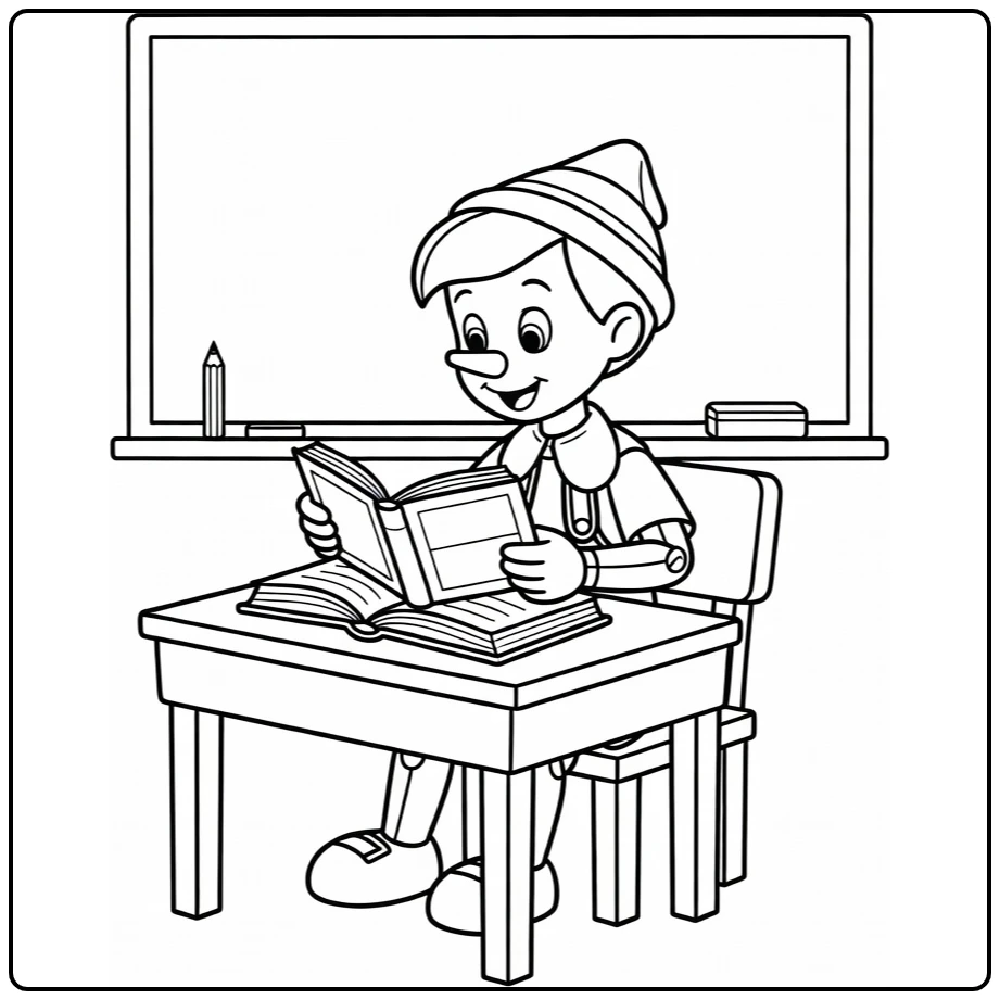 pinokkio coloring page leest on bureau with schoolbord