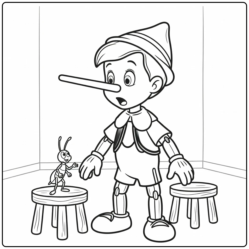 Pinocchio coloring page with a growing nose and a cricket friend