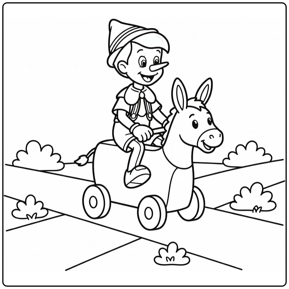 pinokkio coloring page with pinokkio rijdend on donkeykar and pad