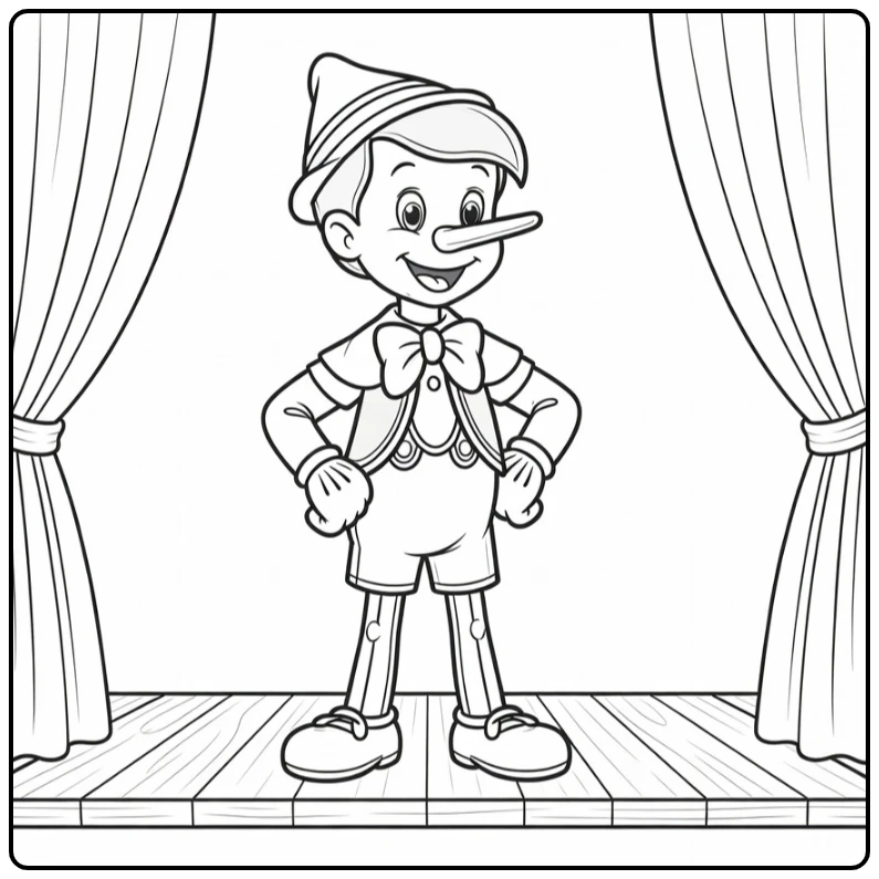 pinokkio coloring page with puntmuts and vlinderdas on toneel