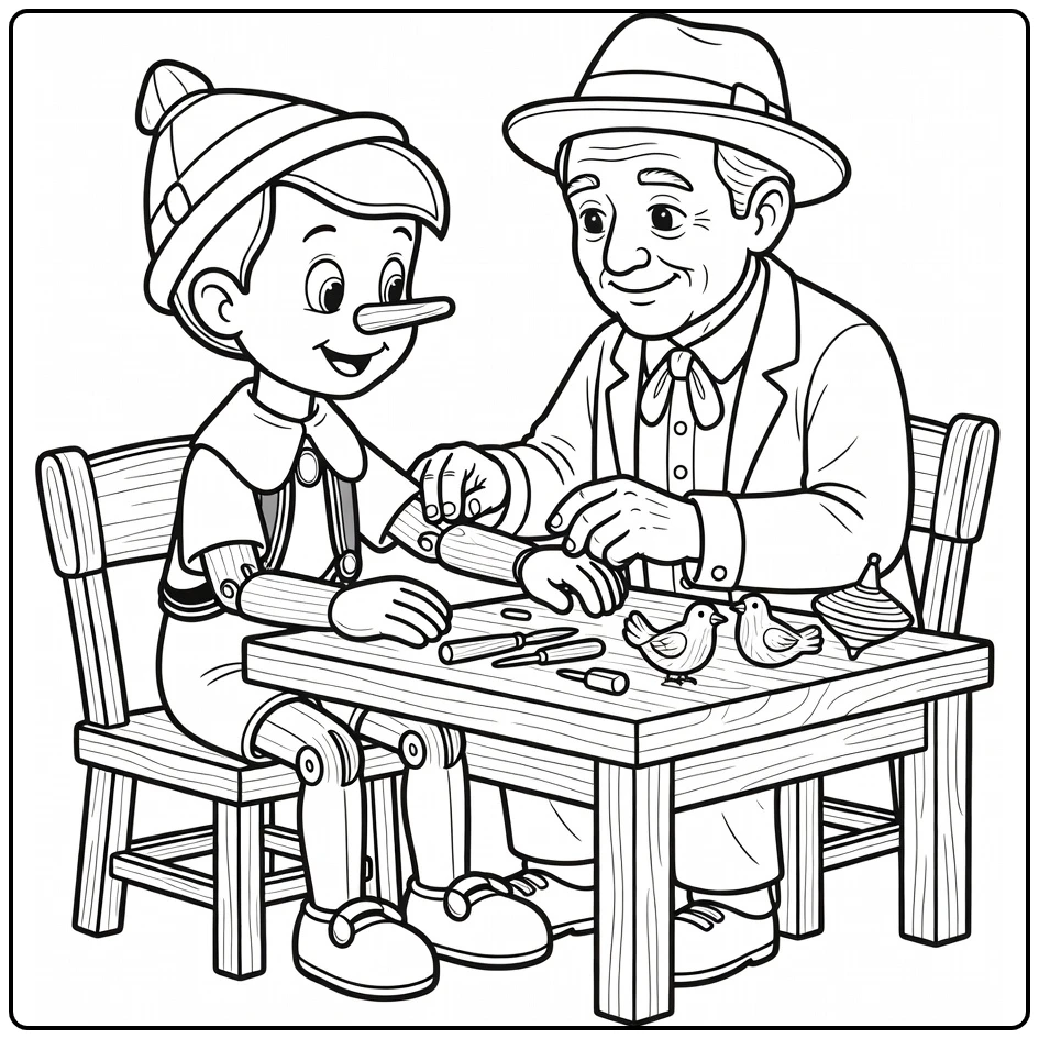 pinokkio coloring page pop on werkbank toy maker past arm