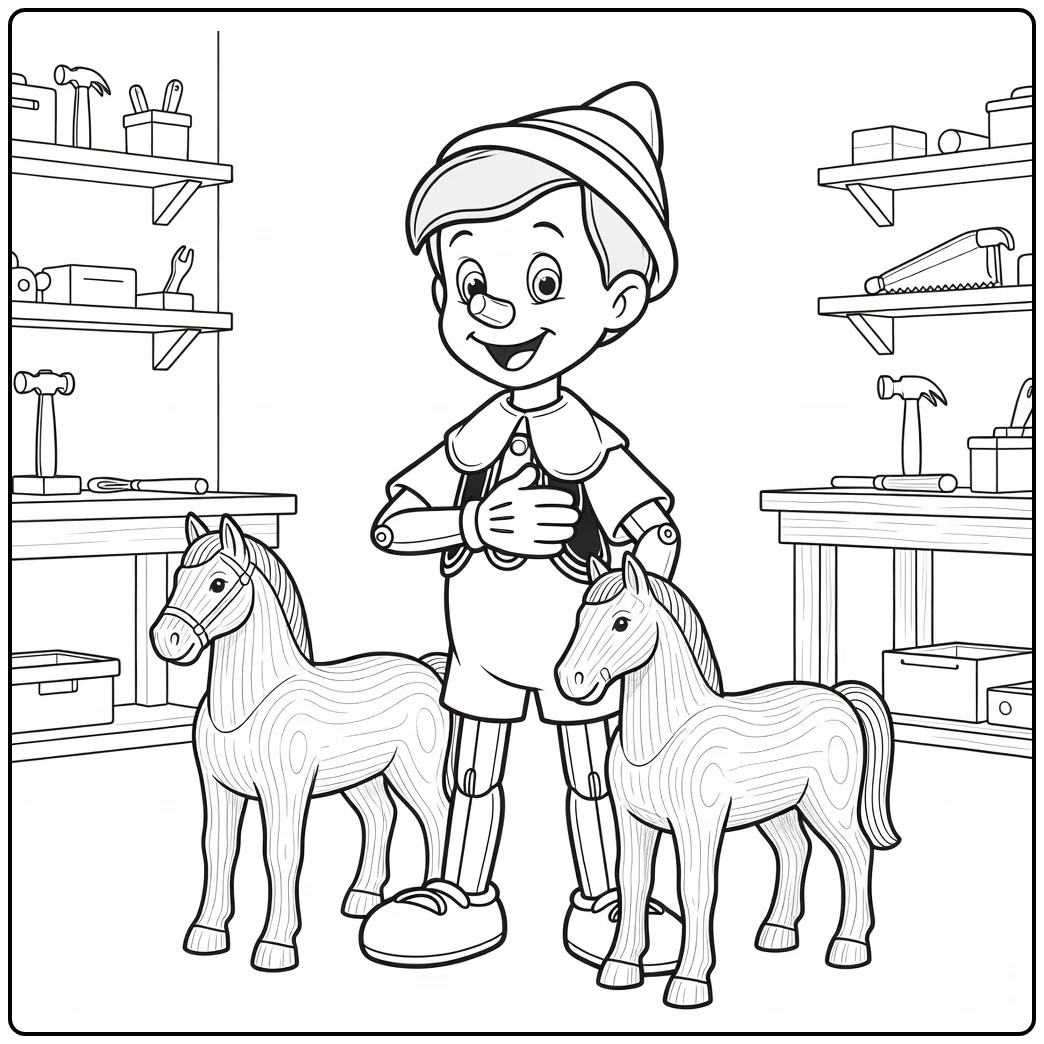 pinokkio coloring page pop with hand on borst and paard