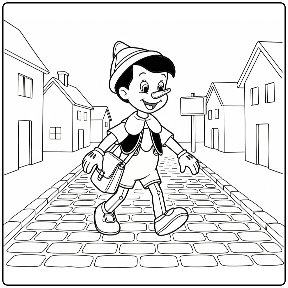 pinokkio coloring page of cheerful wandeling door dorp