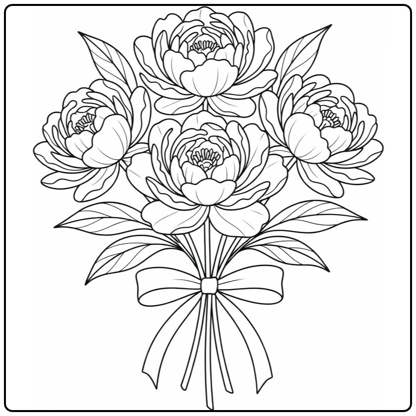 Peony coloring page showing three flowers tied with a ribbon