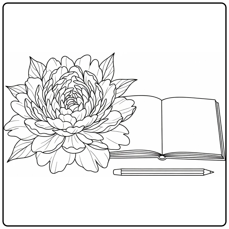 Peony coloring page featuring a flower beside a notebook and pencil