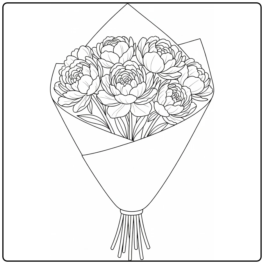 Peony coloring page featuring a bouquet wrapped in paper