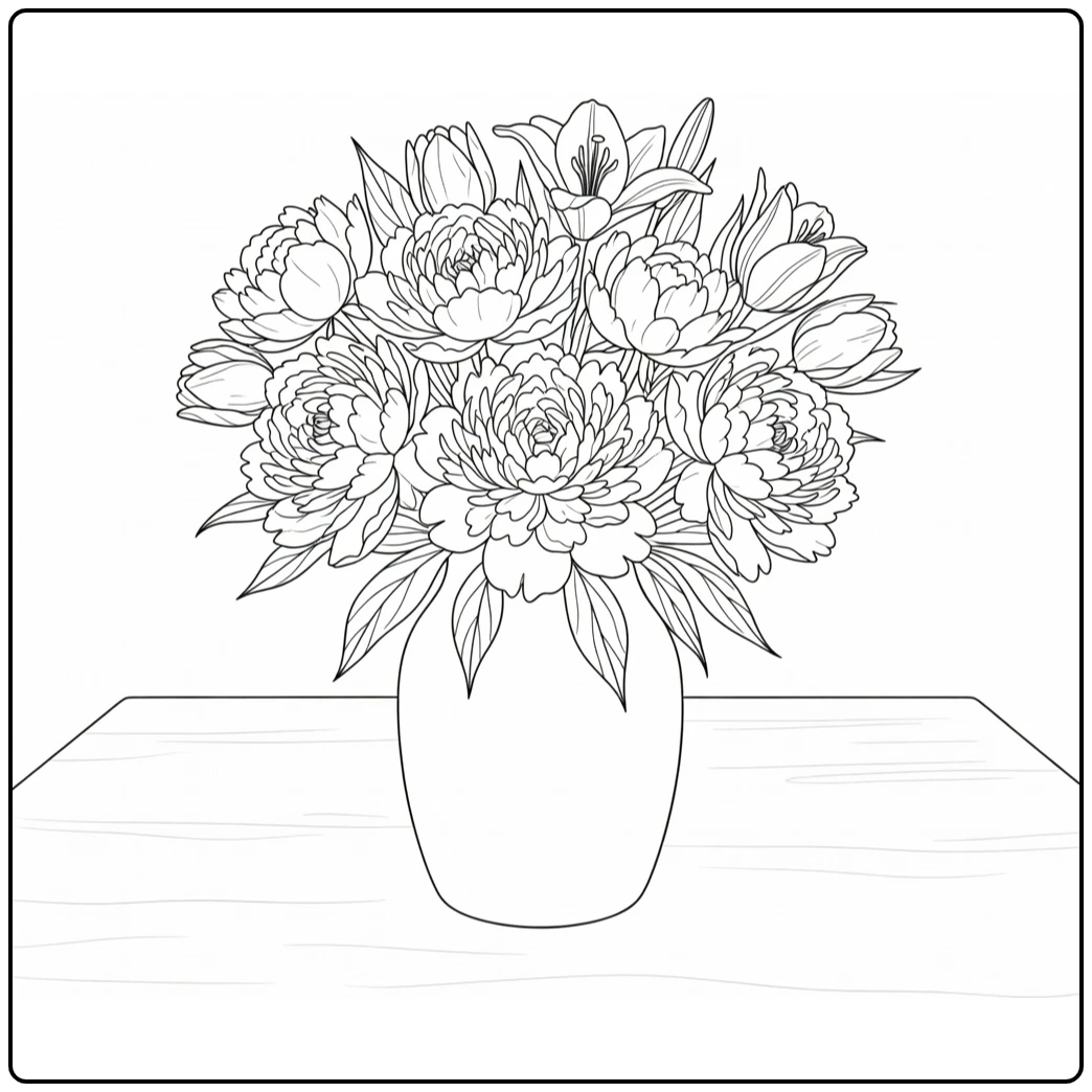 Peony coloring page showing layered flowers arranged in a table vase