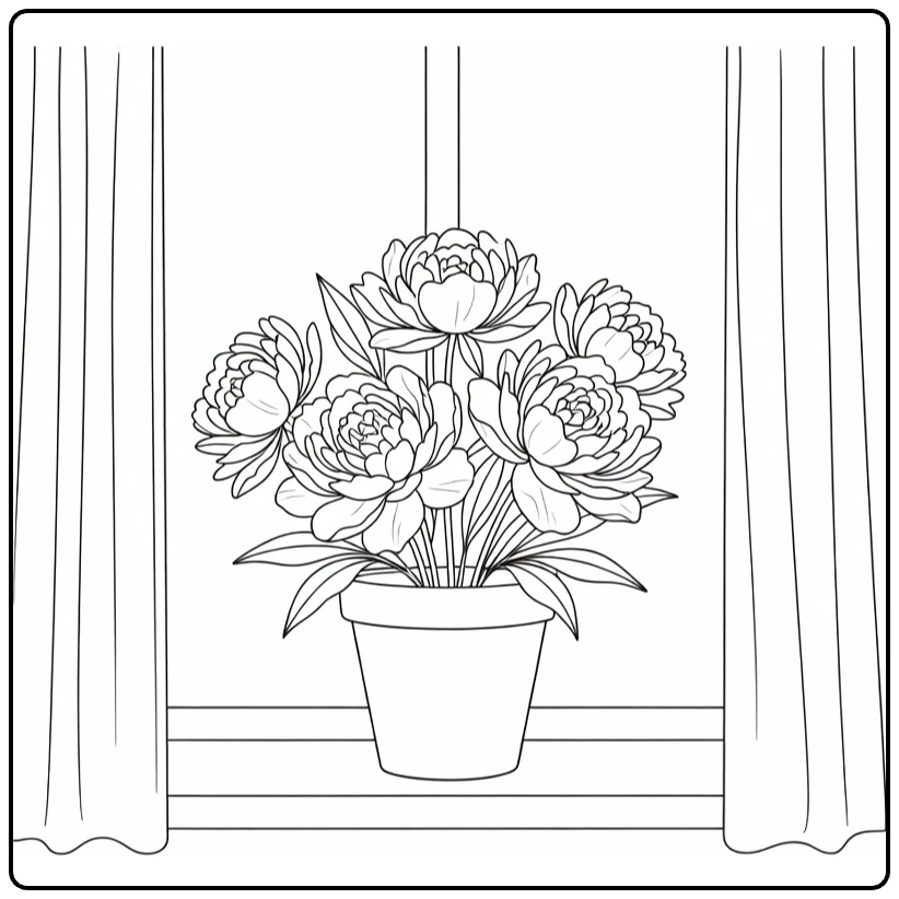 Peony coloring page showing blooming flowers on a windowsill