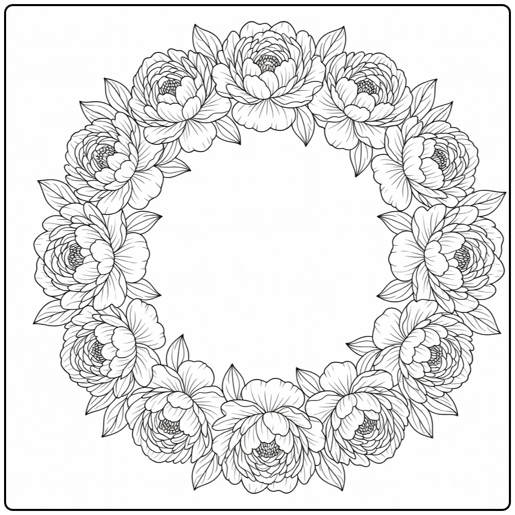Decorative peony coloring page with a circular floral border