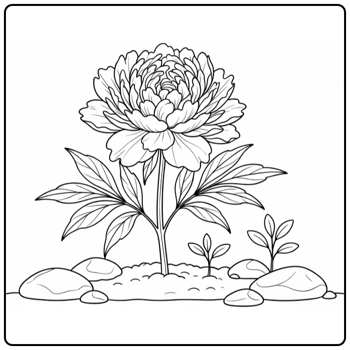 Garden peony coloring page featuring a flower beside stones