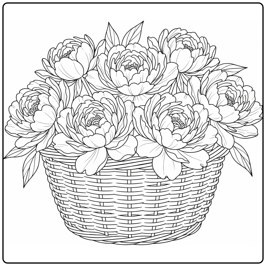 Peony coloring page showing a basket overflowing with blooms