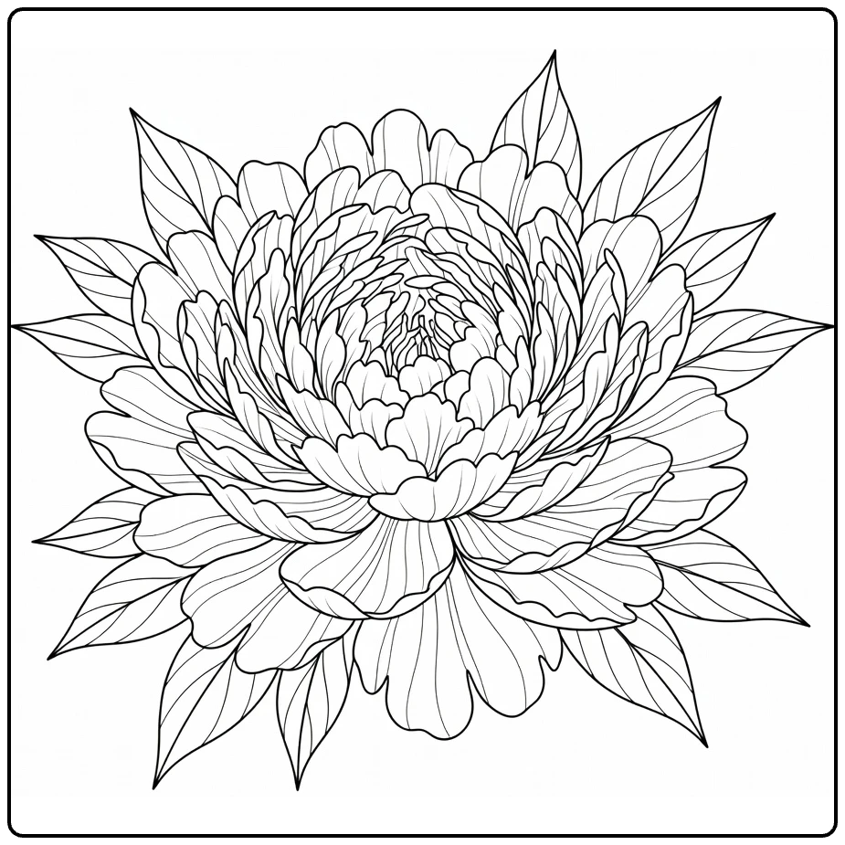 Detailed peony coloring page with a full layered blossom