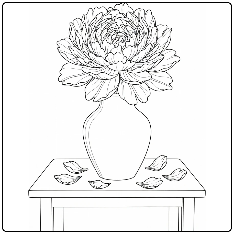 Peony coloring page featuring a large bloom in a vase on a table