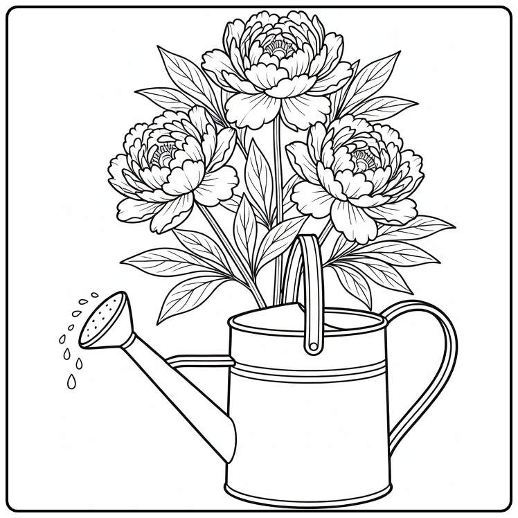 Peony coloring page featuring flowers arranged in a watering can
