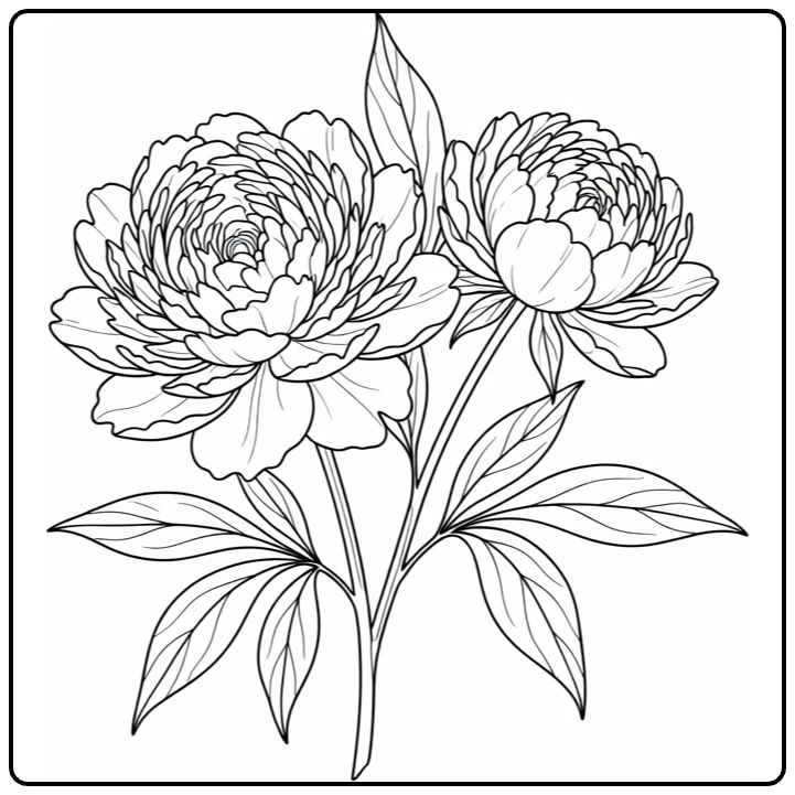 Botanical peony coloring page featuring a bloom, bud, and leaves