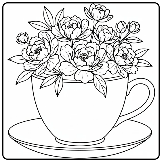Whimsical peony coloring page showing flowers in a tea cup