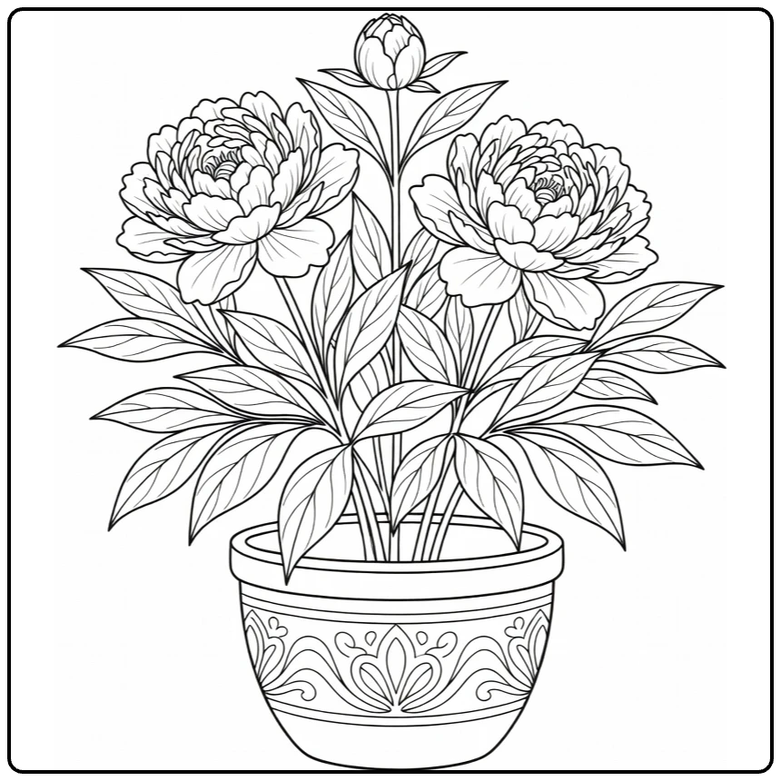Potted peony coloring page showing two flowers and a bud