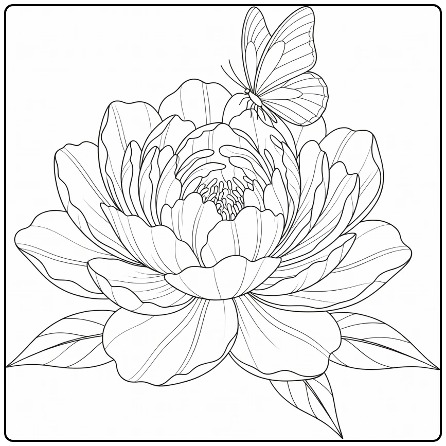 Peony coloring page with a butterfly resting on the flower