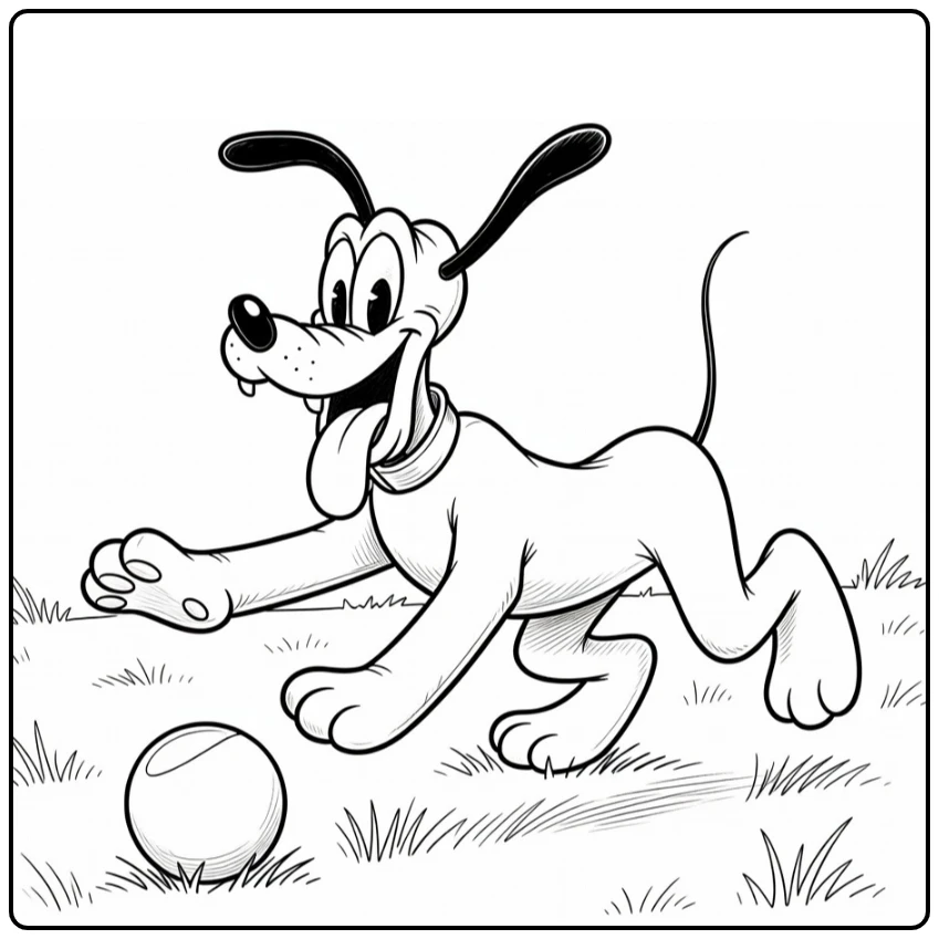 pluto coloring page with pluto rennend behind ball oren wapperend