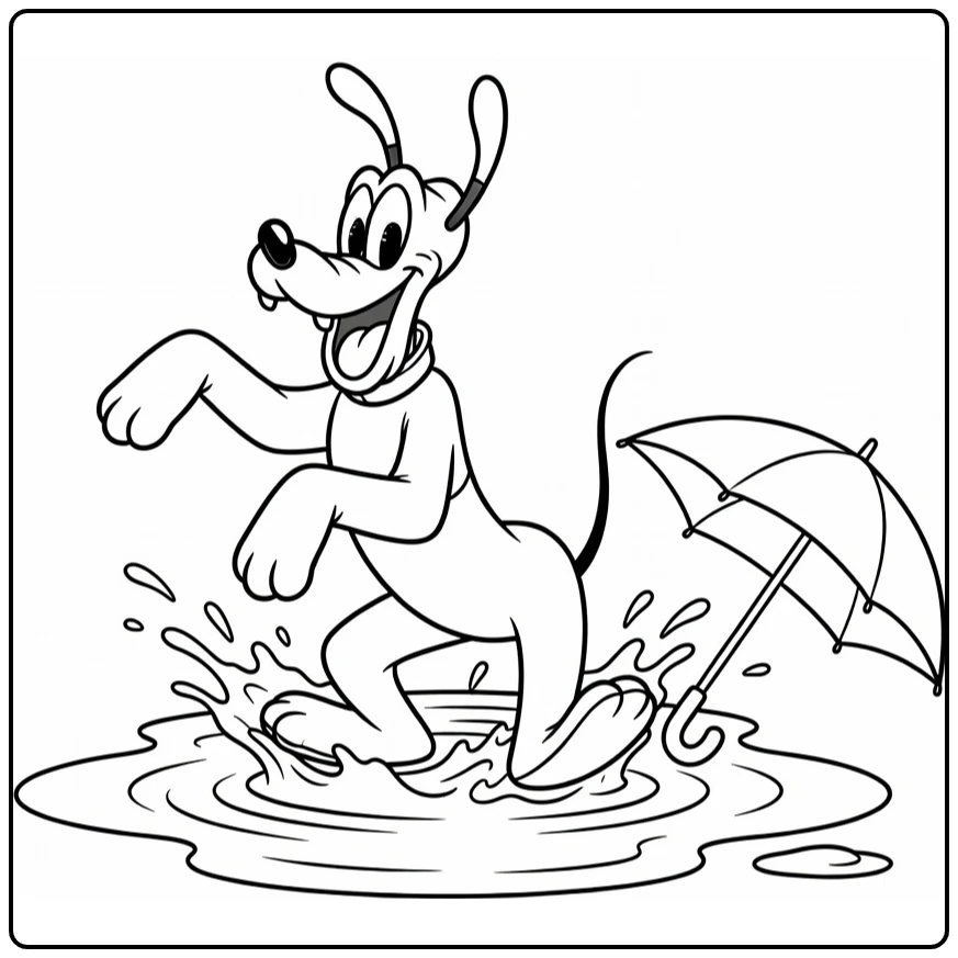 Pluto coloring page splashing happily in a puddle