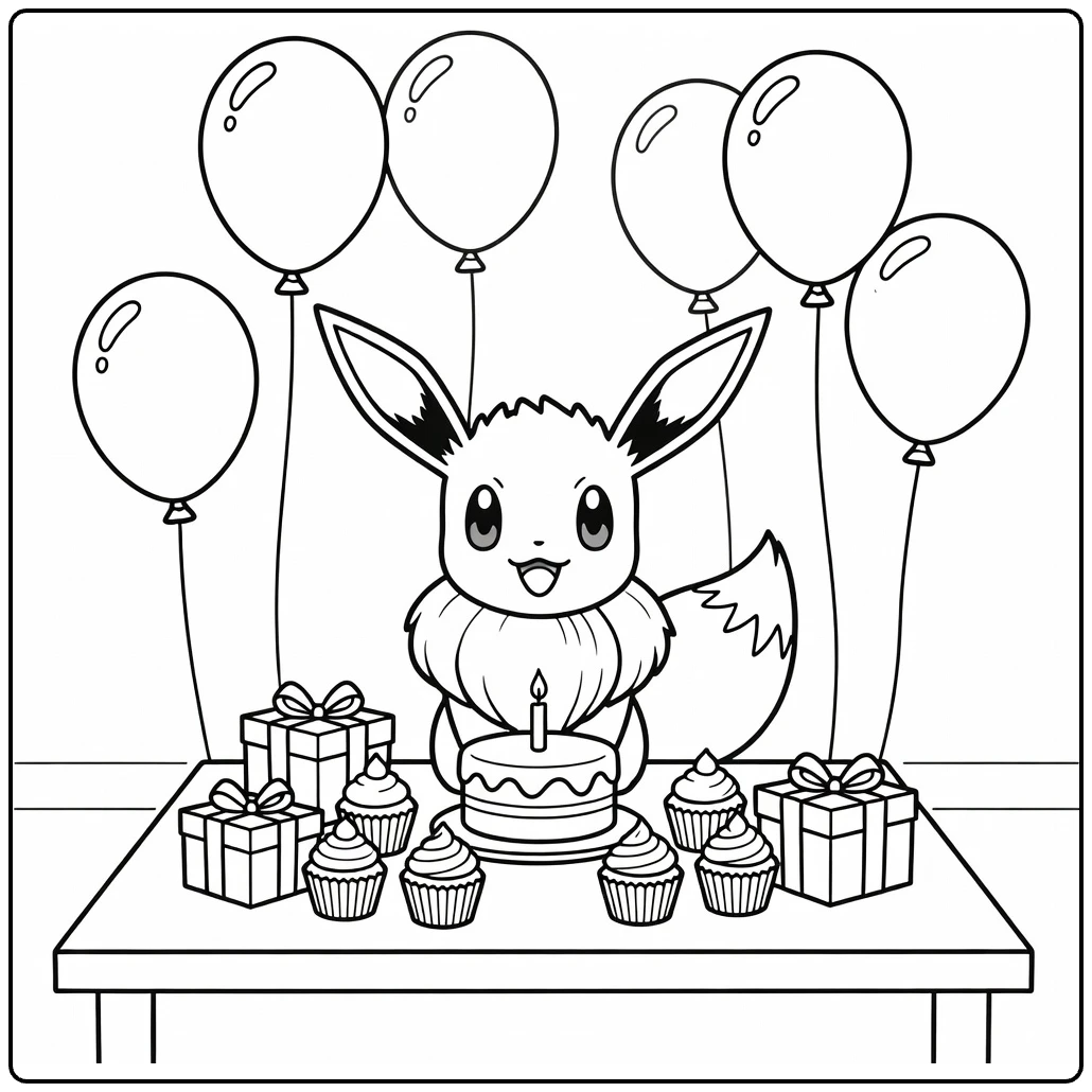 pokemon Verjaardag Happy Eevee with Cupcakes and Balloons coloring page